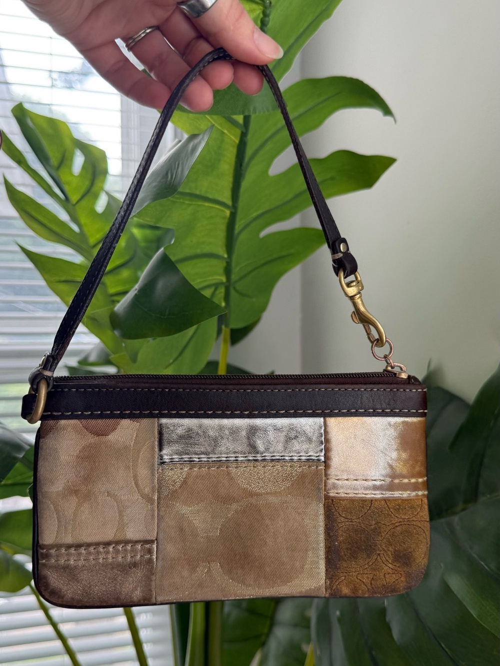 Small Patchwork Leather Wristlet - Metallic Brown